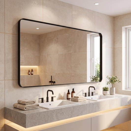 LuxAura Seamless Black Vanity Mirror above a double vanity