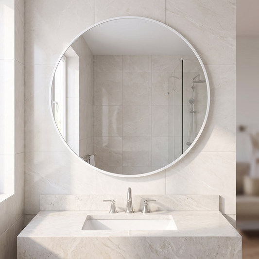 LuxAura Silver Round Mirror above a bathroom sink