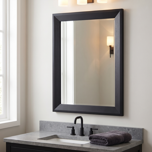 LuxAura Black Wood Framed Wall Mirror above a bathroom vanity