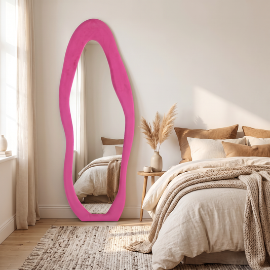 LuxAura Pink Flannel Full Length Mirror in a bedroom