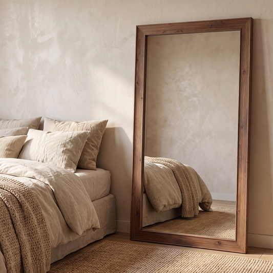 LuxAura Rustic Wood Floor Mirror in a farmhouse bedroom