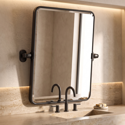 LuxAura Pivot Bathroom Mirror above a bathroom vanity