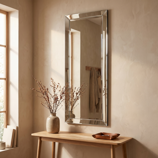 LuxAura Frameless Bevel Mirror in an entryway