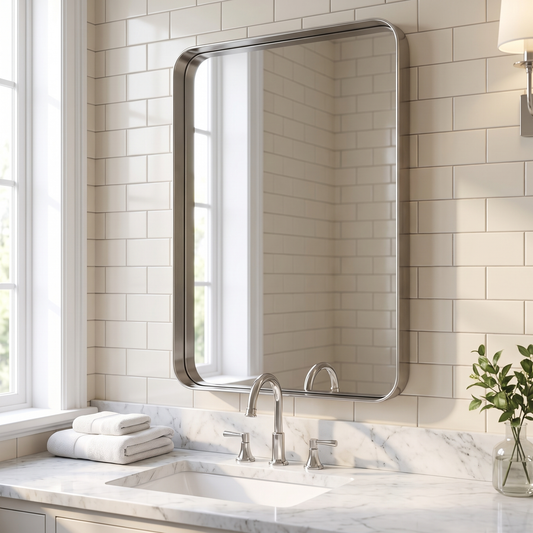 LuxAura Brushed Nickel Mirror above a bathroom vanity