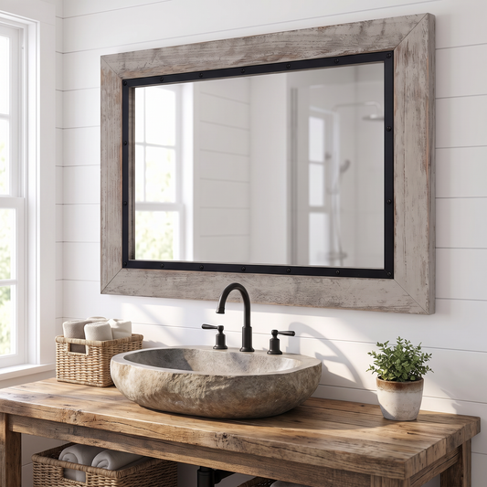 LuxAura Rustic Wood and Iron Mirror above a farmhouse vanity