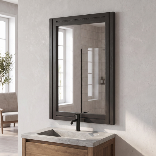 LuxAura Black Wood Wall Mirror above a bathroom vanity