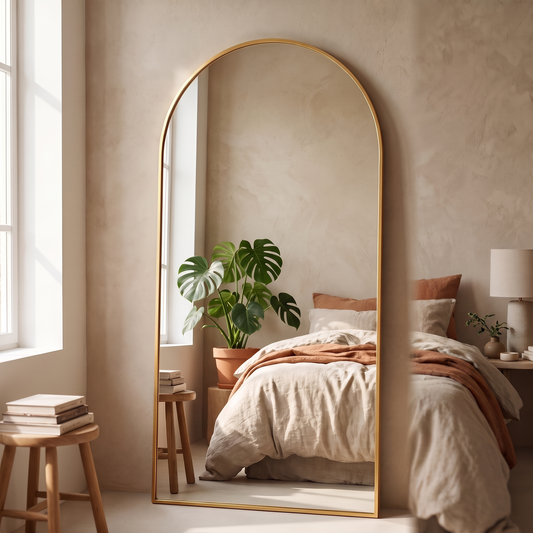 LuxAura Gold Arch Floor Mirror in a bedroom