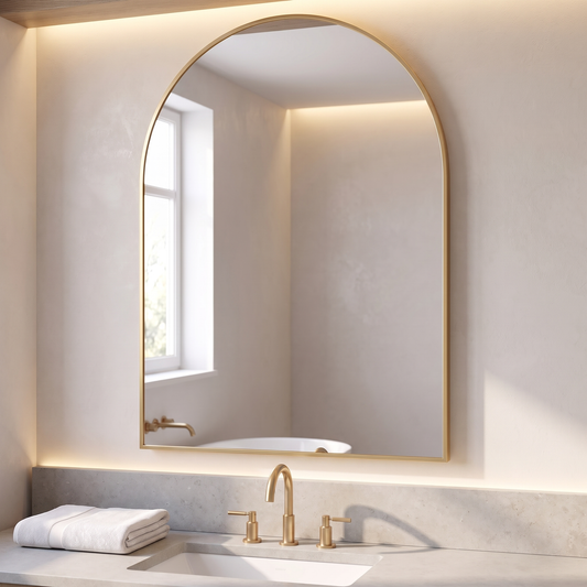 LuxAura Gold Arch Wall Mirror above a bathroom vanity