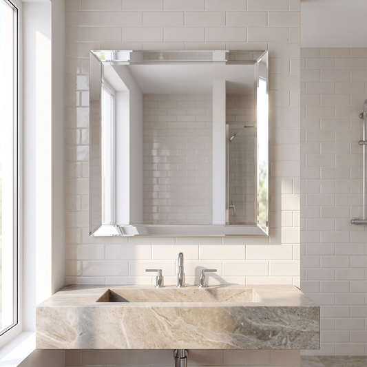 LuxAura Frameless Bevel Mirror above a bathroom vanity