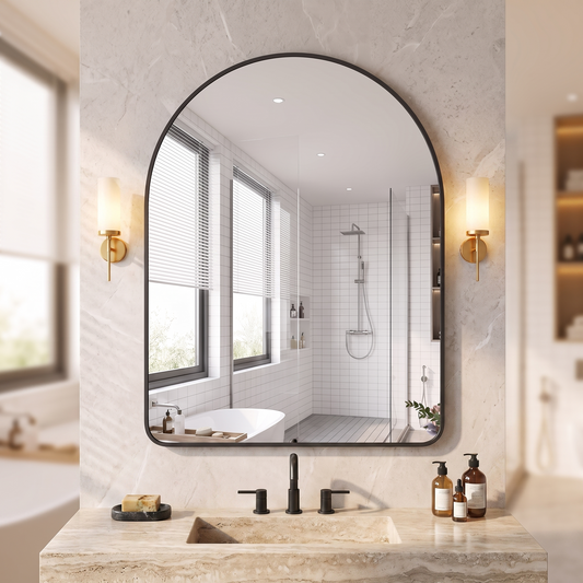LuxAura Black Arch Mirror above a bathroom vanity