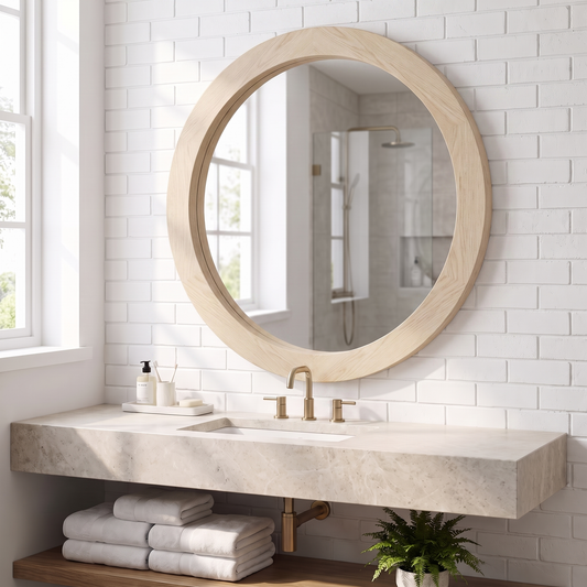 LuxAura Round Wood Wall Mirror above a bathroom vanity