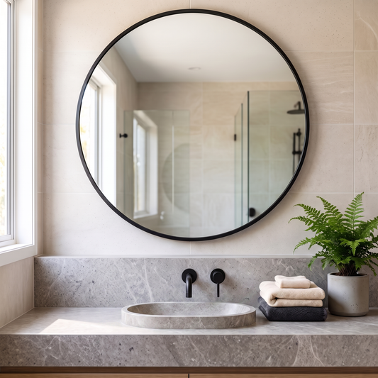 LuxAura Black Round Mirror above a bathroom vanity