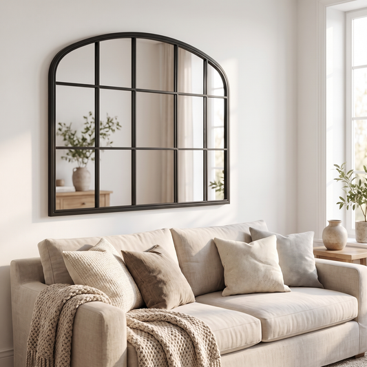 LuxAura Window Arch Mirror in a living room