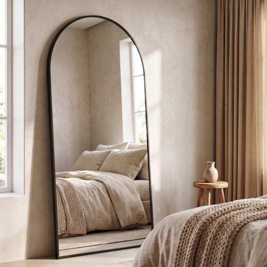 LuxAura Black Arch Floor Mirror in a bedroom