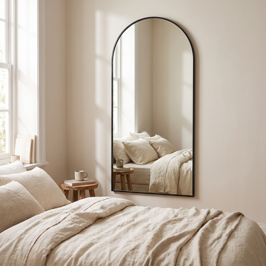 LuxAura Arch Full Length Mirror in a bedroom
