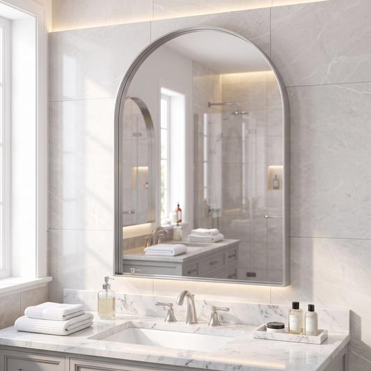 LuxAura Silver Arch Mirror above a bathroom vanity
