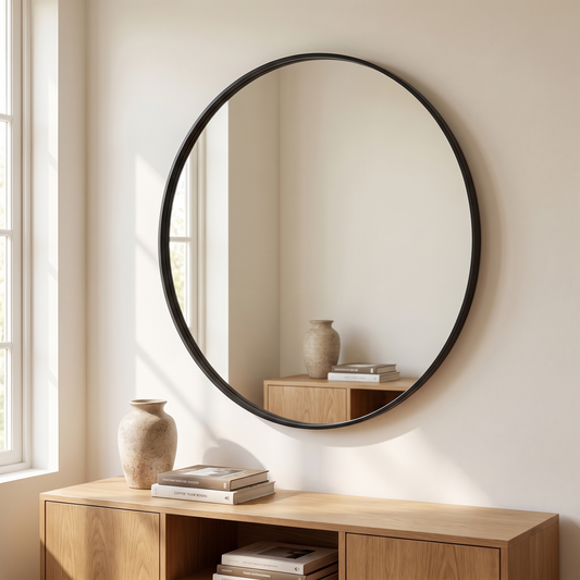 Black round 36 inch wall mirror above an oak console in a living room