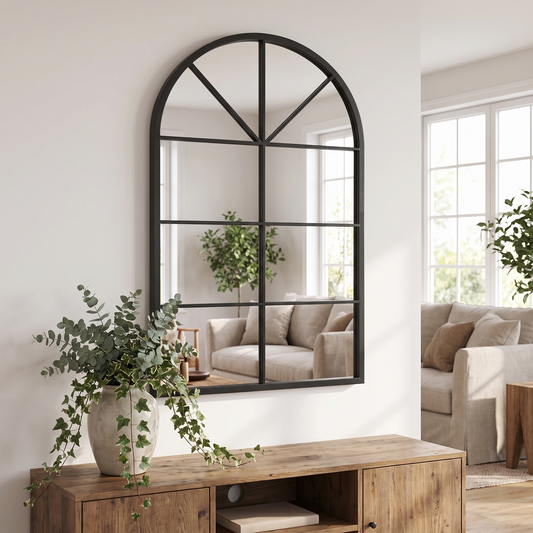 Black arched windowpane mirror above a timber sideboard in a living room