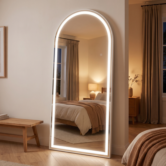 Arched LED full length mirror lit in a warm white bedroom