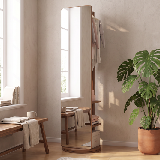 Solid wood full length mirror in a warm white bedroom