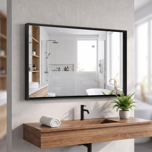 Glossy black framed vanity mirror above a timber bathroom vanity