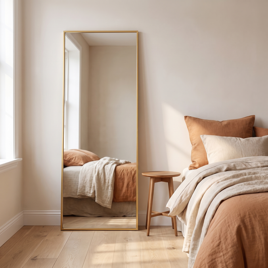 Gold full length floor mirror in a neutral bedroom