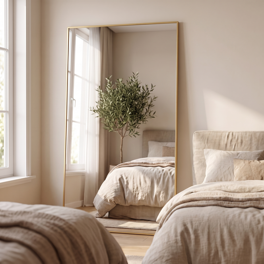 Slim gold framed full length mirror in a warm white bedroom