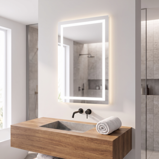 LED bathroom mirror lit above a timber vanity