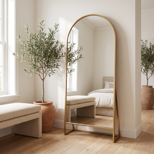 Gold arched bracket mirror in a warm white bedroom