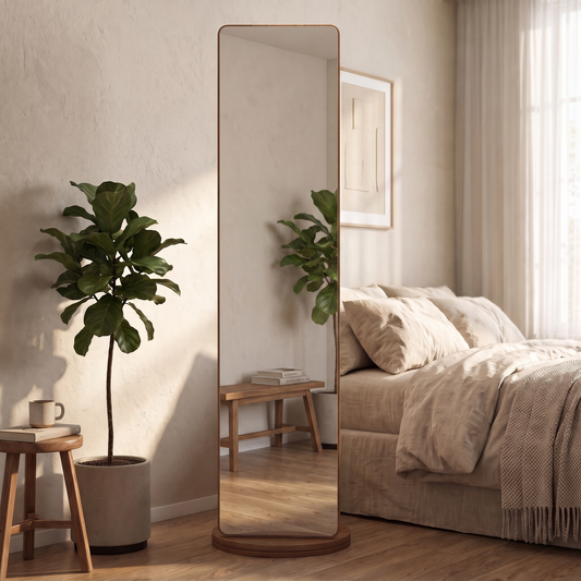 Slim wood framed full length mirror in a warm white bedroom