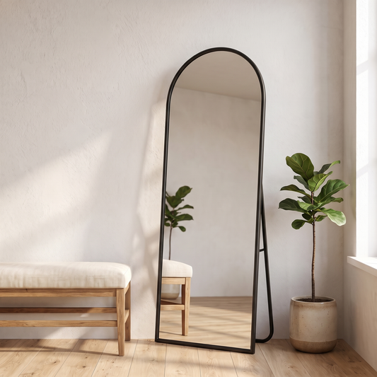 Black arched bracket mirror in a warm white bedroom