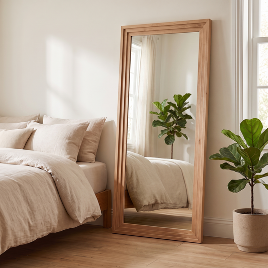 Light brown wood framed full length mirror in a warm white bedroom