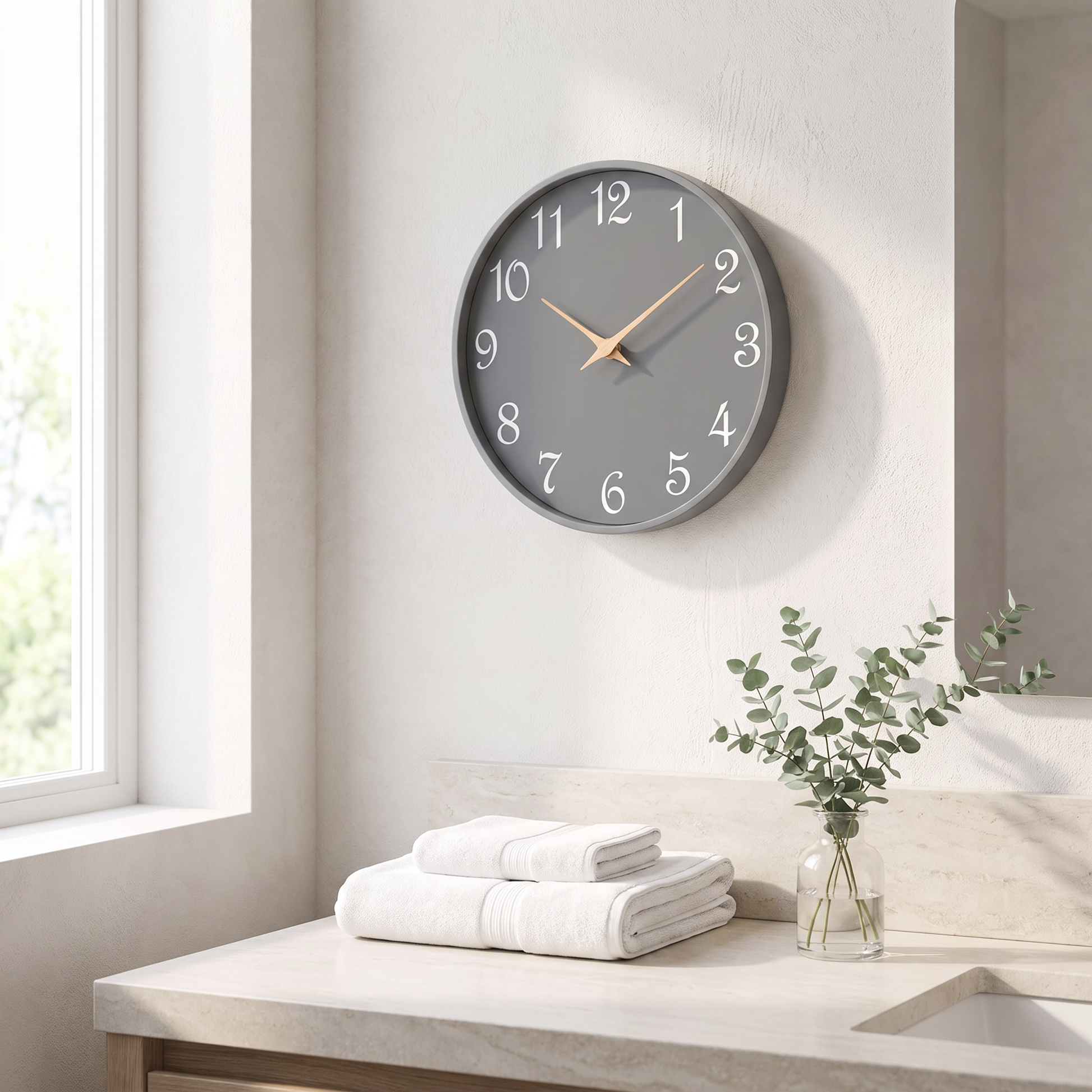 Gray 8 inch wall clock in a bathroom above a stone vanity