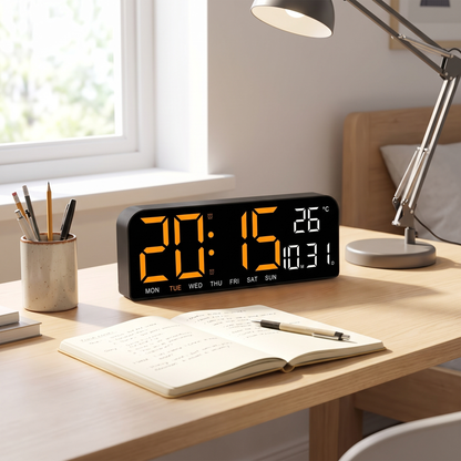 LED digital clock on a study desk