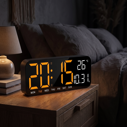 LED digital clock glowing on a bedside table