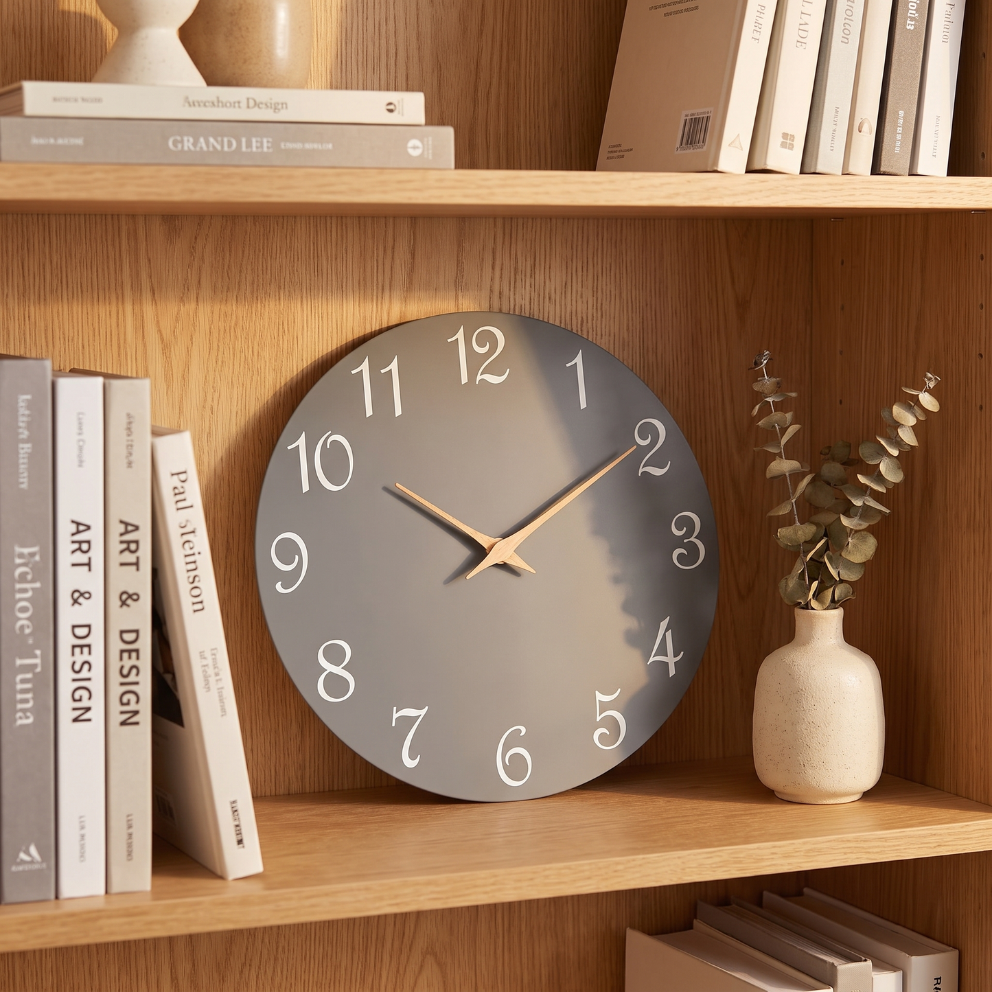 Gray 8 inch clock styled on a bookshelf