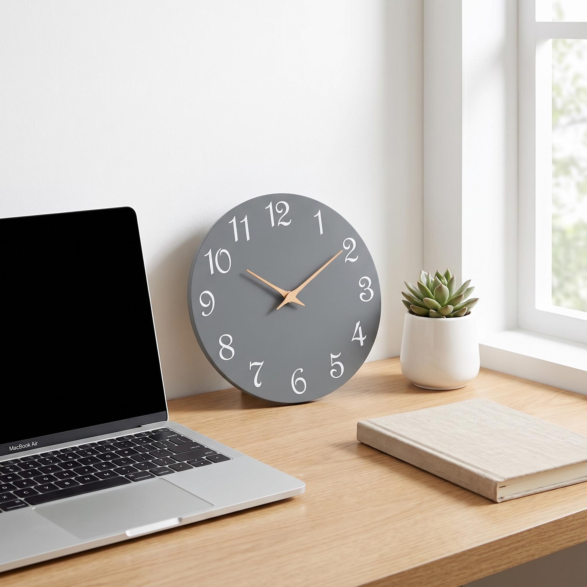 Gray 8 inch clock on a home office desk