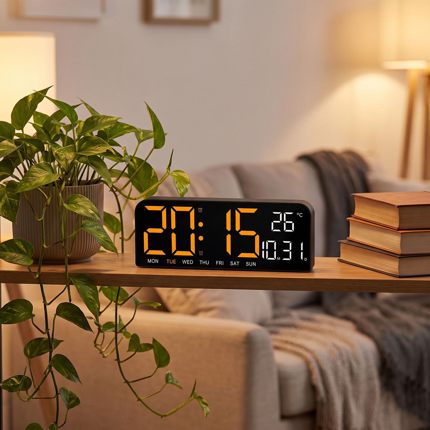 LED digital clock on a living room shelf