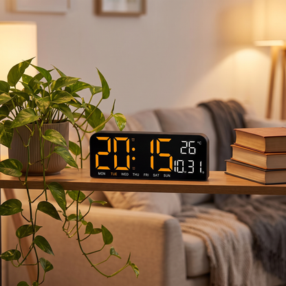 LED digital clock on a living room shelf
