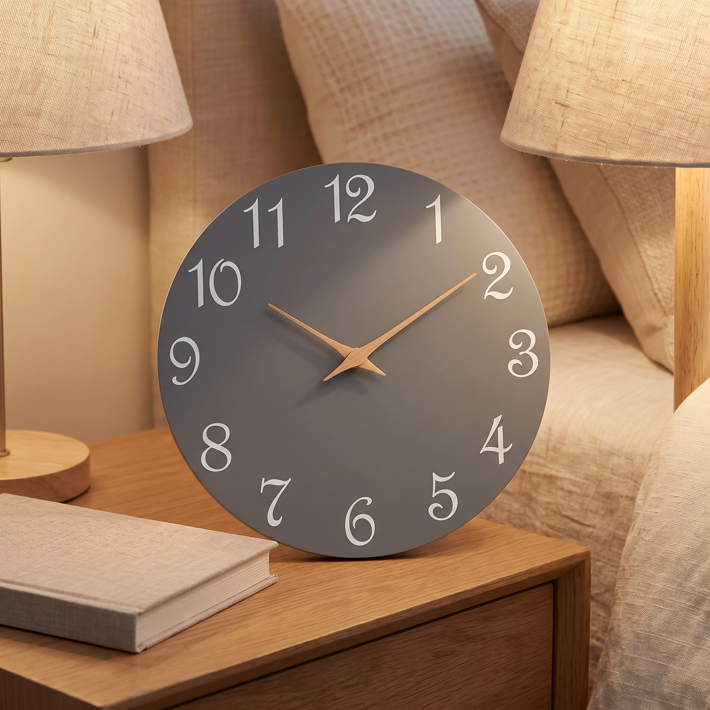Gray 8 inch clock on a bedroom nightstand