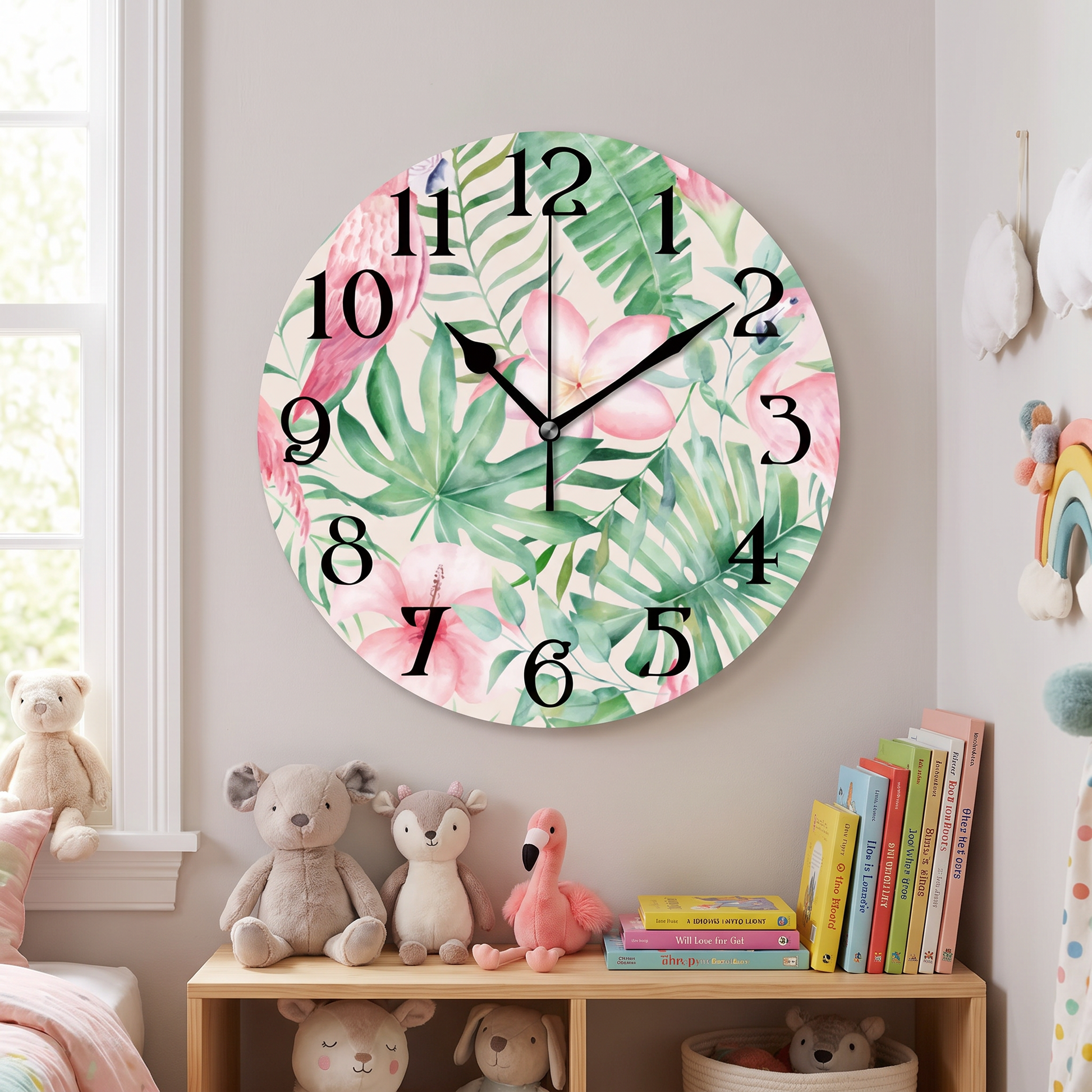 Tropical flamingo wall clock in a child's bedroom