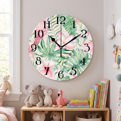 Tropical flamingo wall clock in a child's bedroom