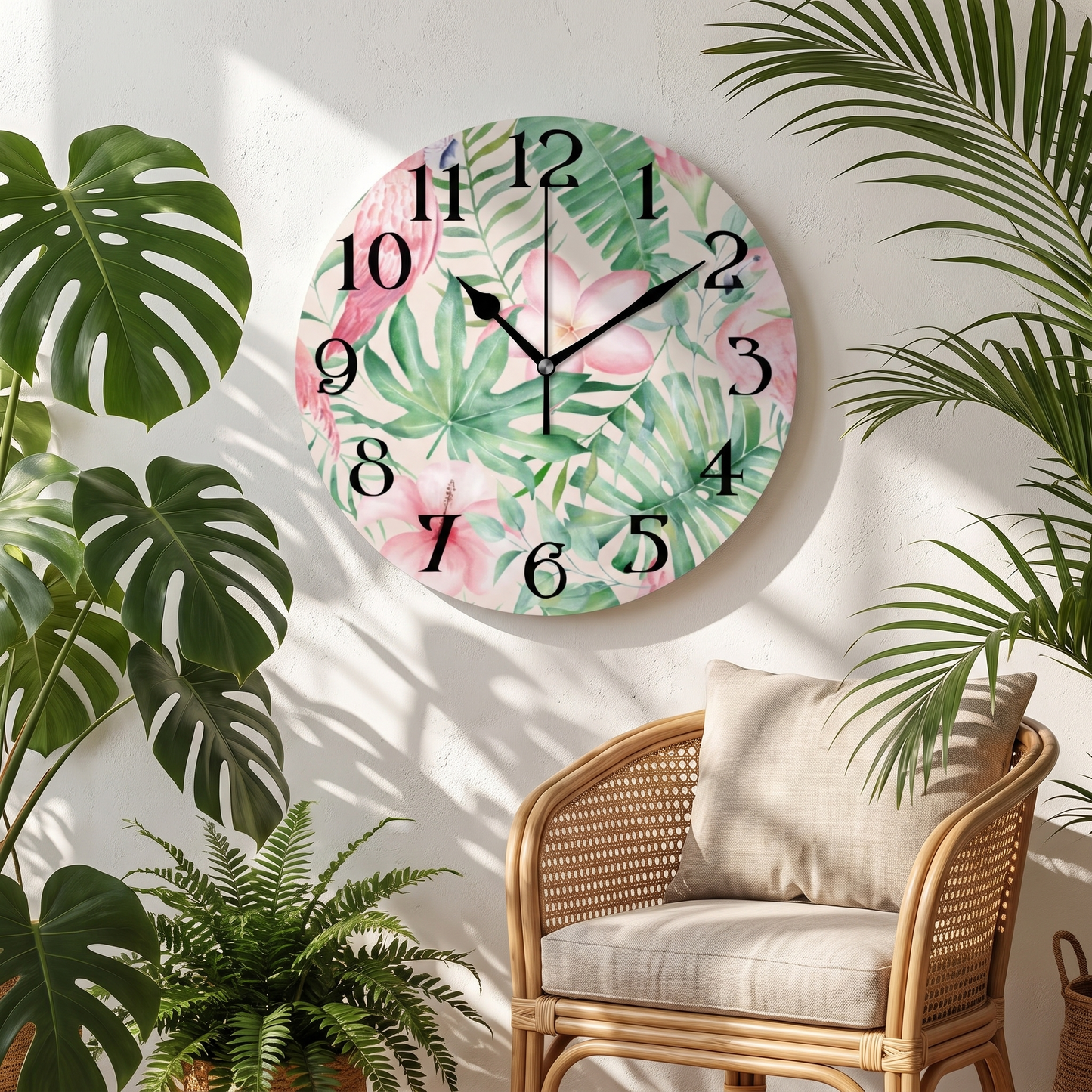 Tropical flamingo wall clock in a sunroom
