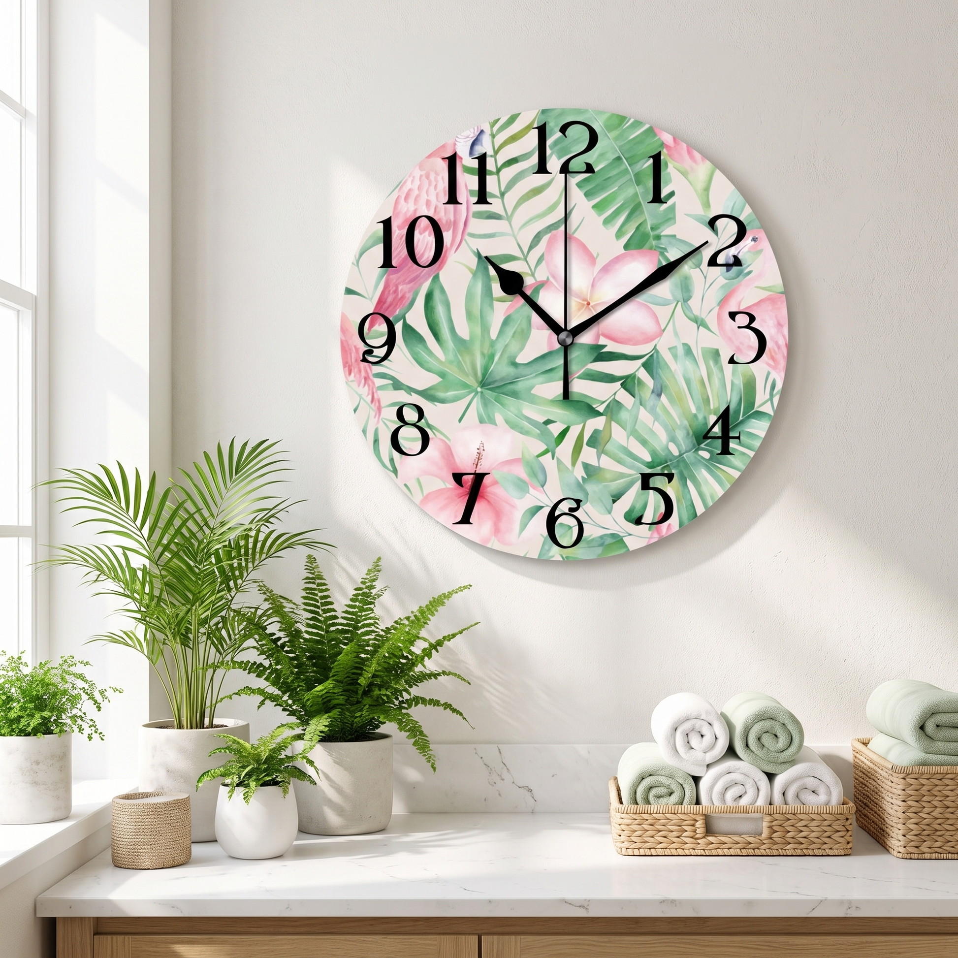 Tropical flamingo wall clock in a bathroom
