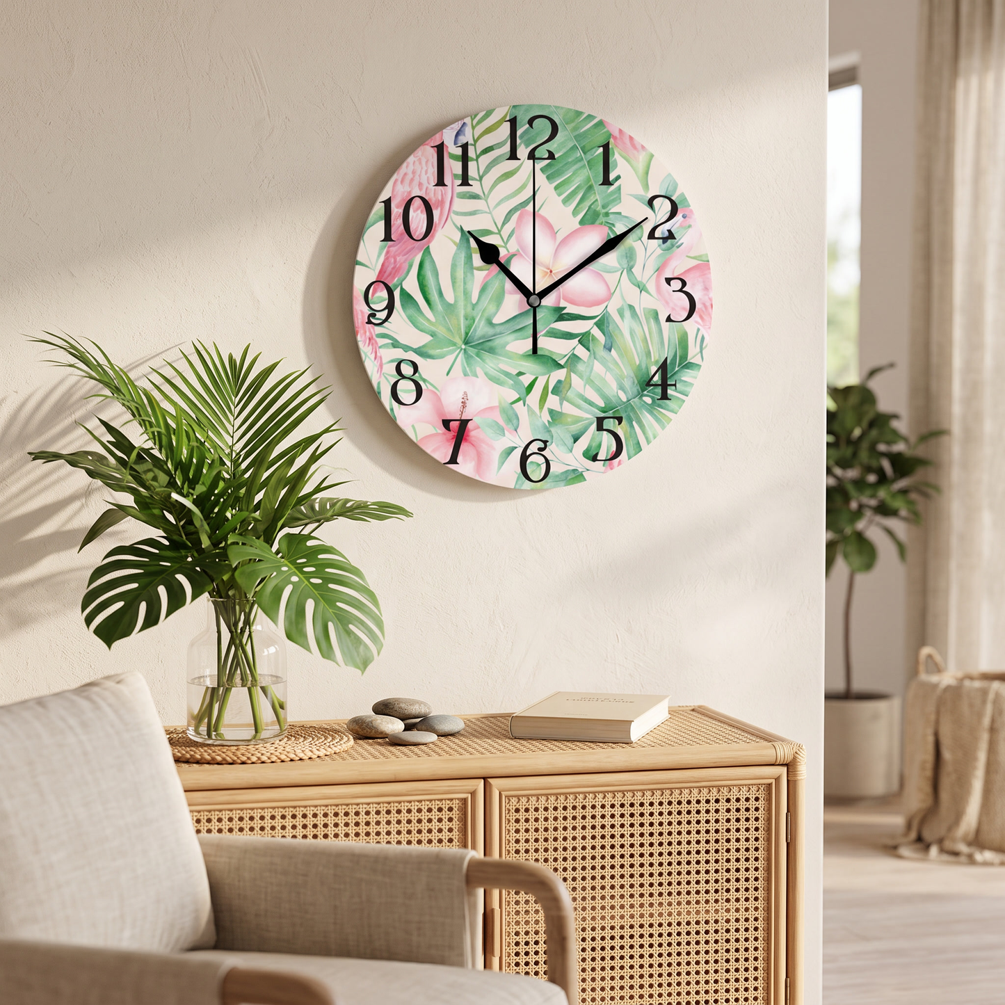Tropical flamingo wall clock in a living room
