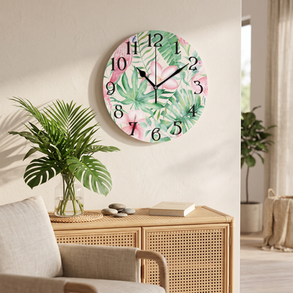 Tropical flamingo wall clock in a living room