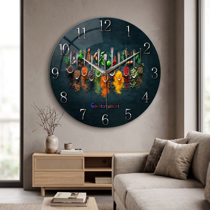 14 inch black glass wall clock on a living room feature wall