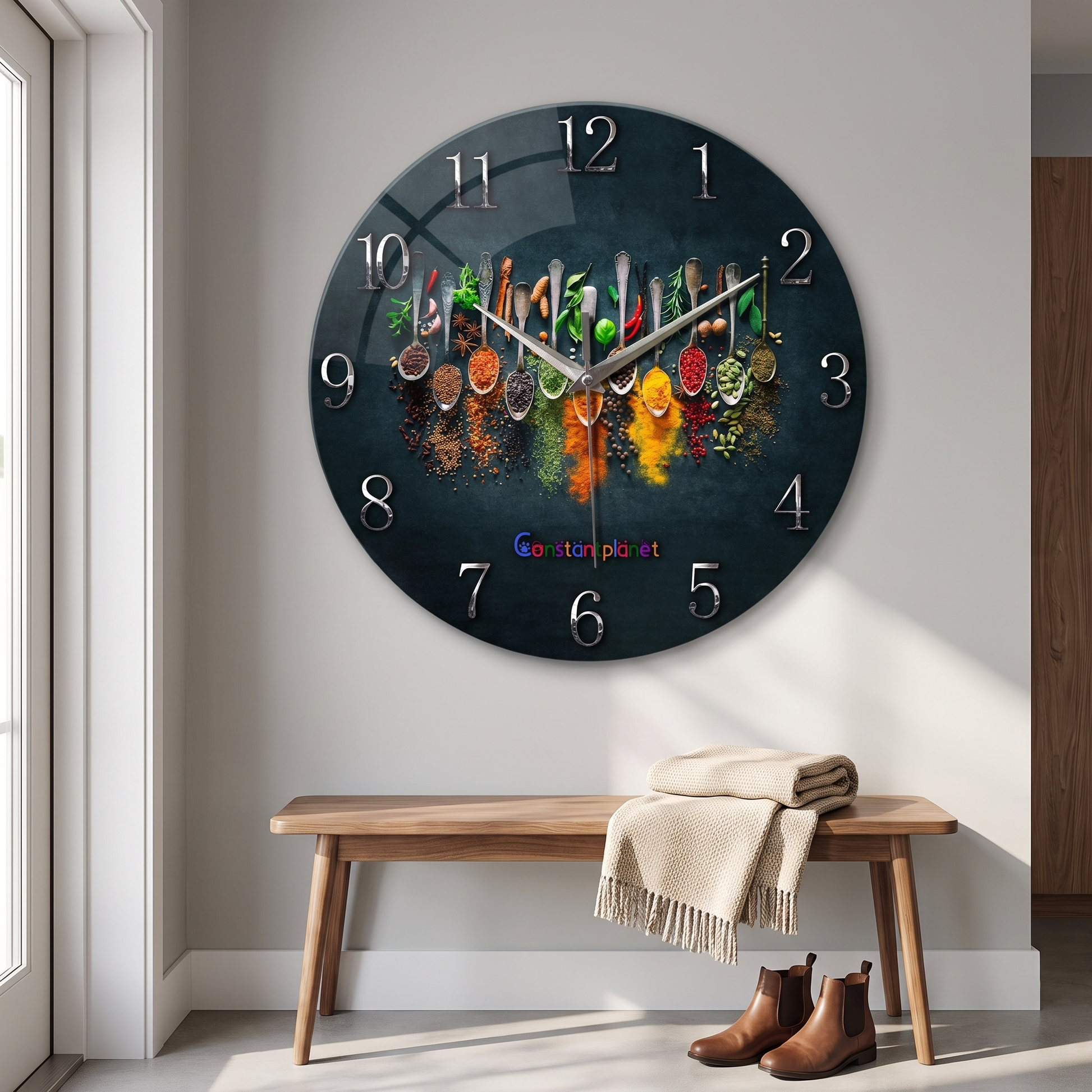14 inch black glass wall clock in a hallway