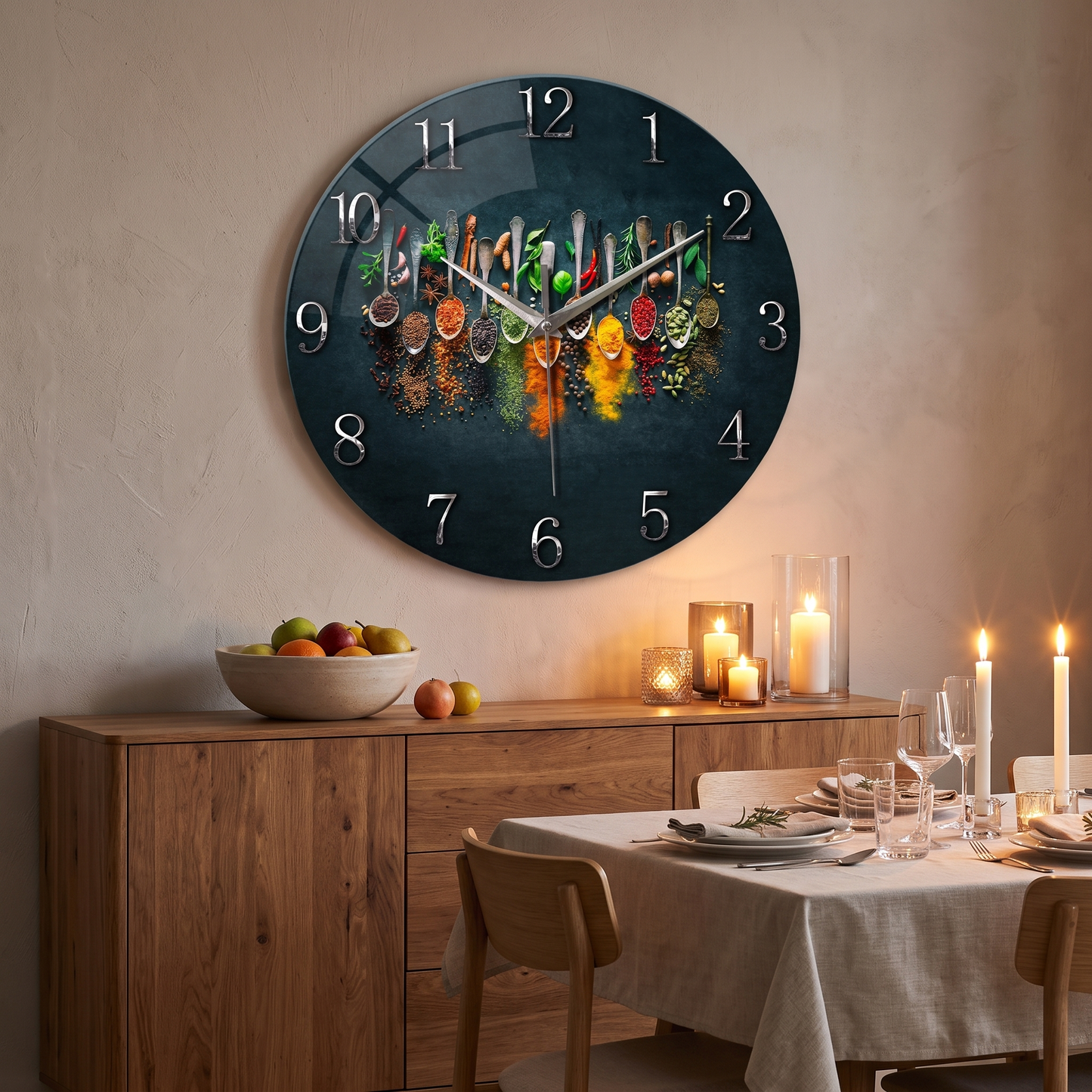 14 inch black glass wall clock in a dining room