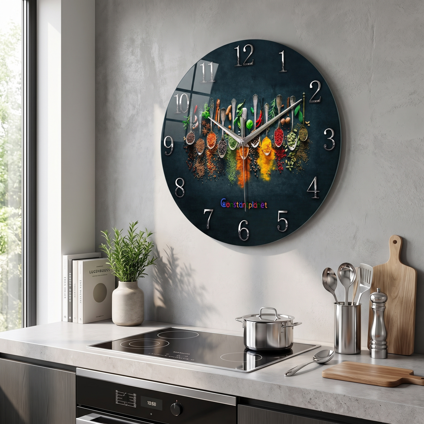 14 inch black glass wall clock in a modern kitchen